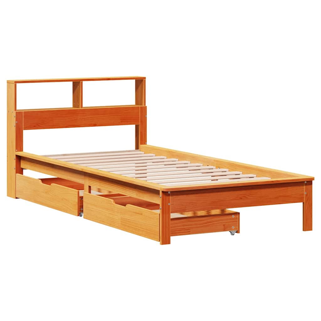 barna tömör fenyőfa könyvespolcos ágy matrac nélkül 90 x 200 cm