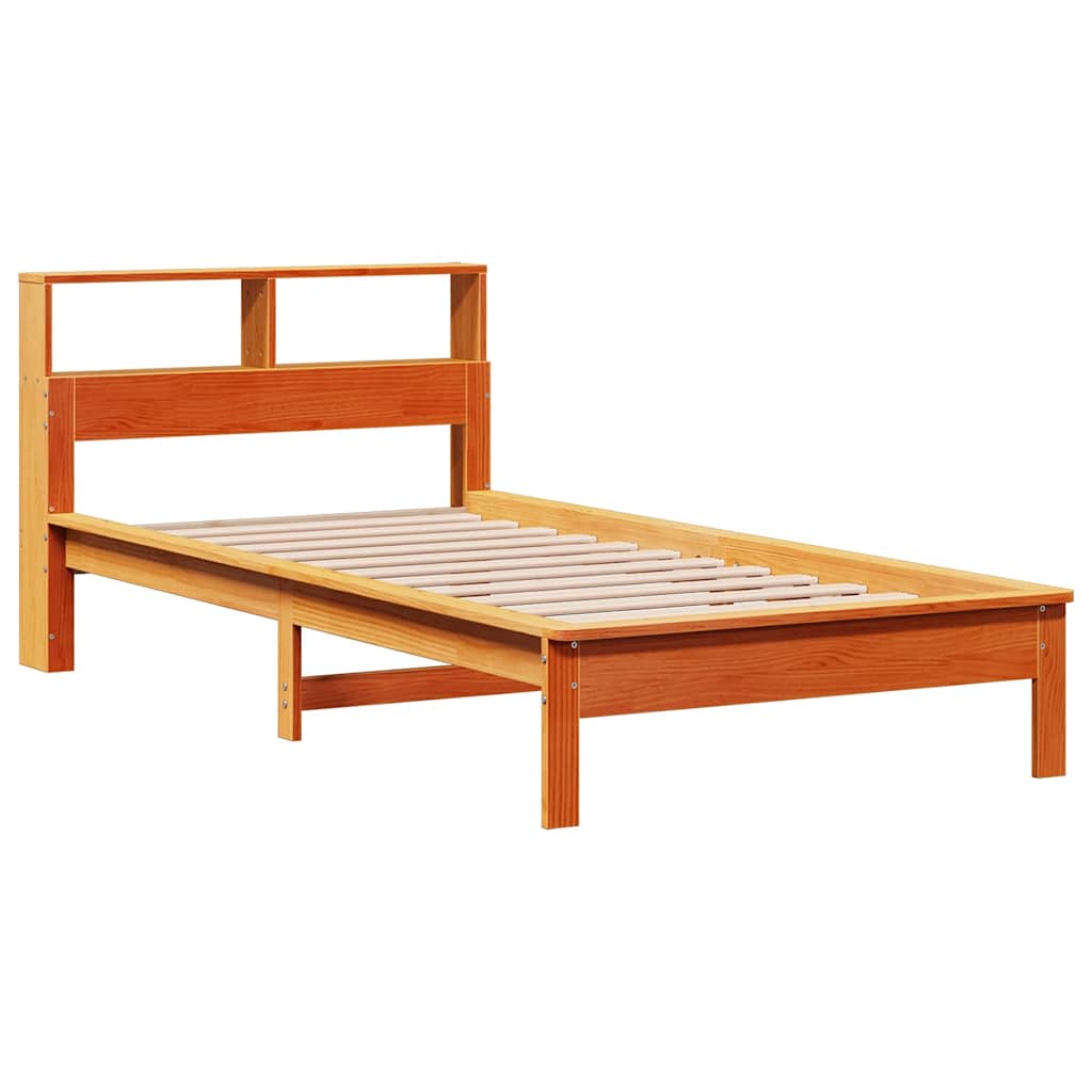 barna tömör fenyőfa könyvespolcos ágy matrac nélkül 90 x 200 cm