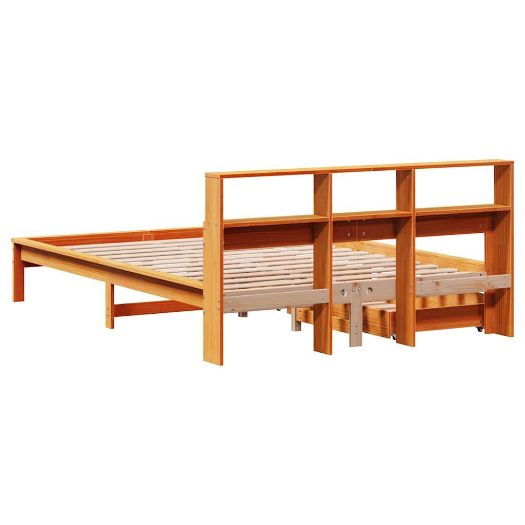 barna tömör fenyőfa könyvespolcos ágy matrac nélkül 140 x 190cm
