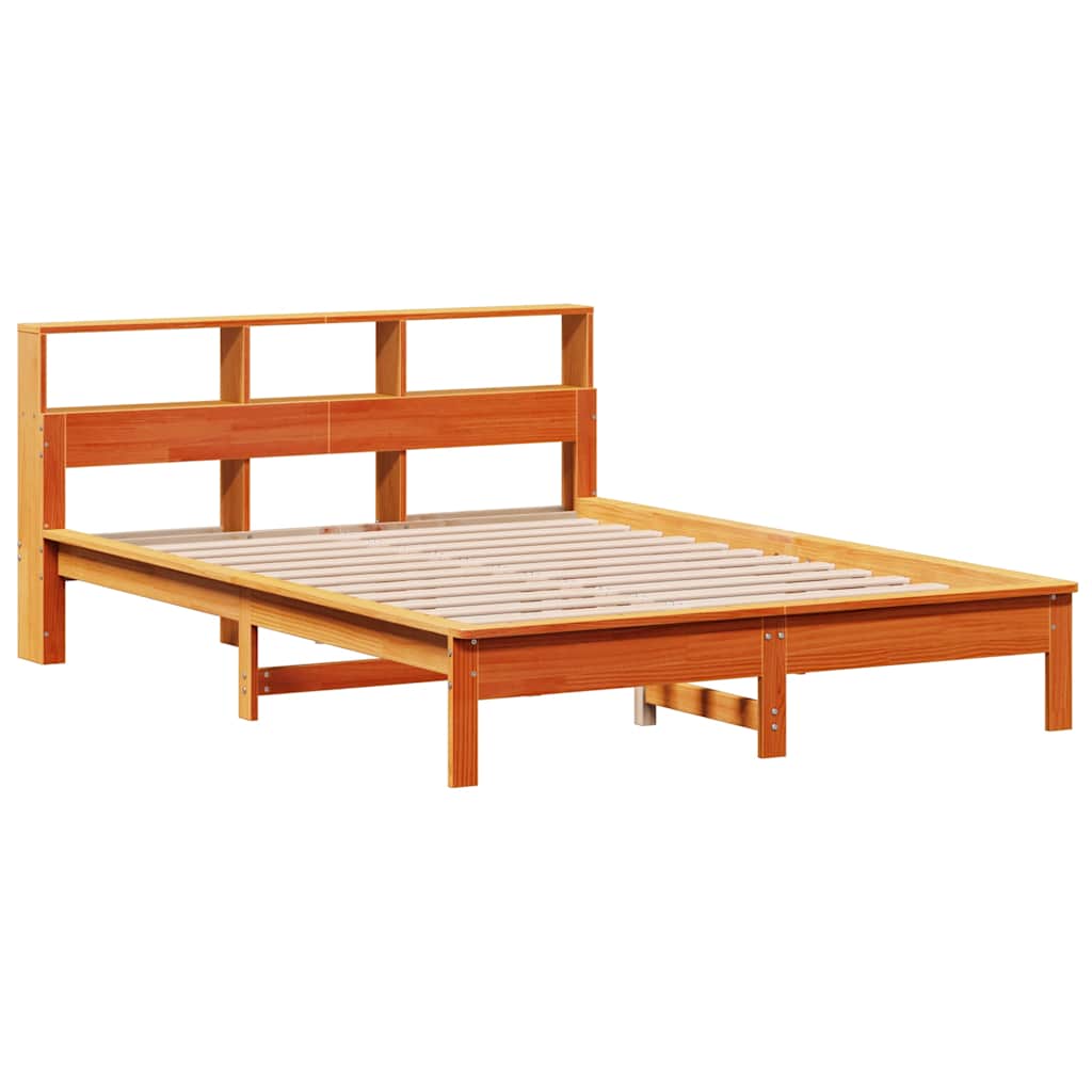 barna tömör fenyőfa könyvespolcos ágy matrac nélkül 140 x 190cm