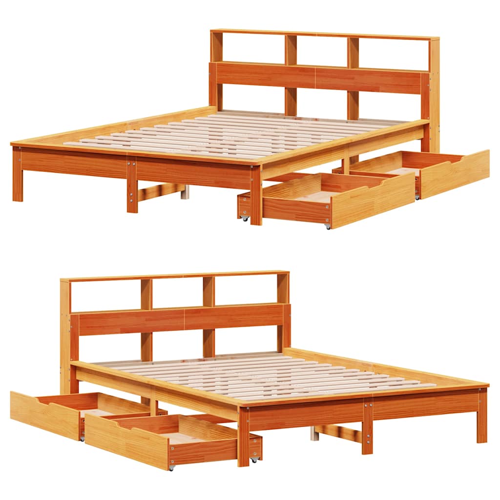 barna tömör fenyőfa könyvespolcos ágy matrac nélkül 140 x 190cm