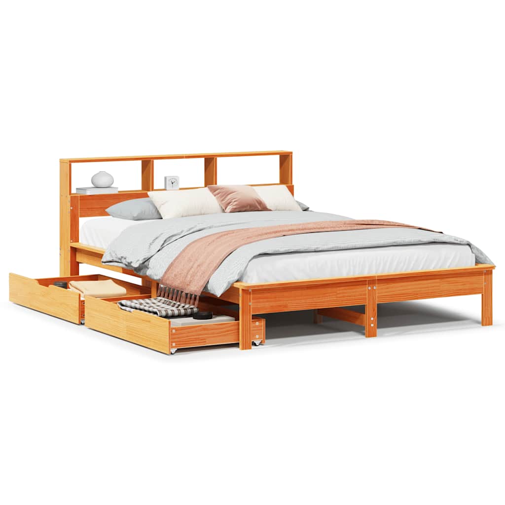 barna tömör fenyőfa könyvespolcos ágy matrac nélkül 135 x 190cm