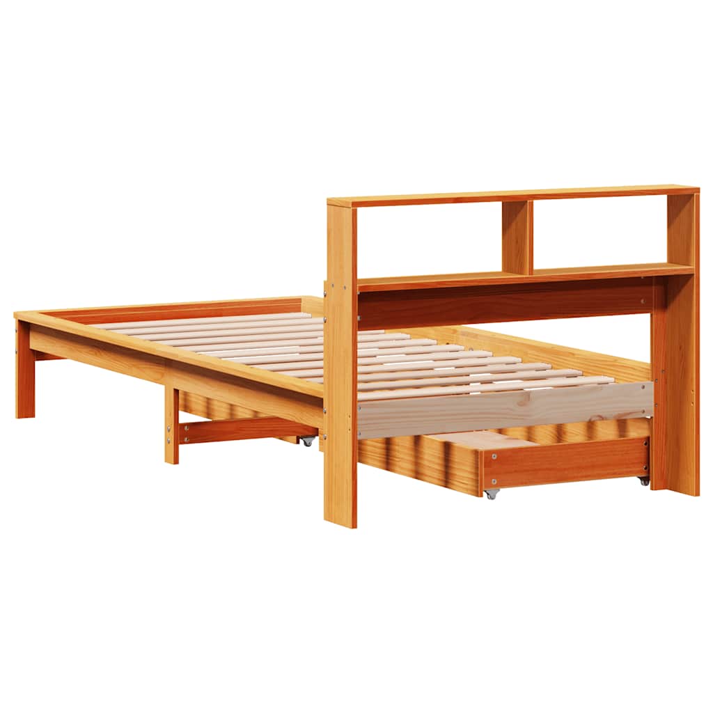 barna tömör fenyőfa könyvespolcos ágy matrac nélkül 90 x 190 cm