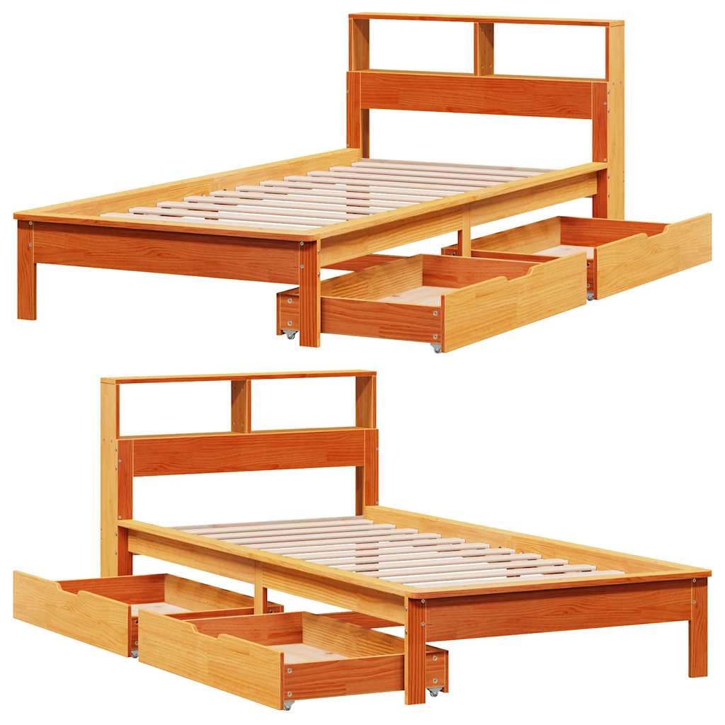 barna tömör fenyőfa könyvespolcos ágy matrac nélkül 75 x 190 cm