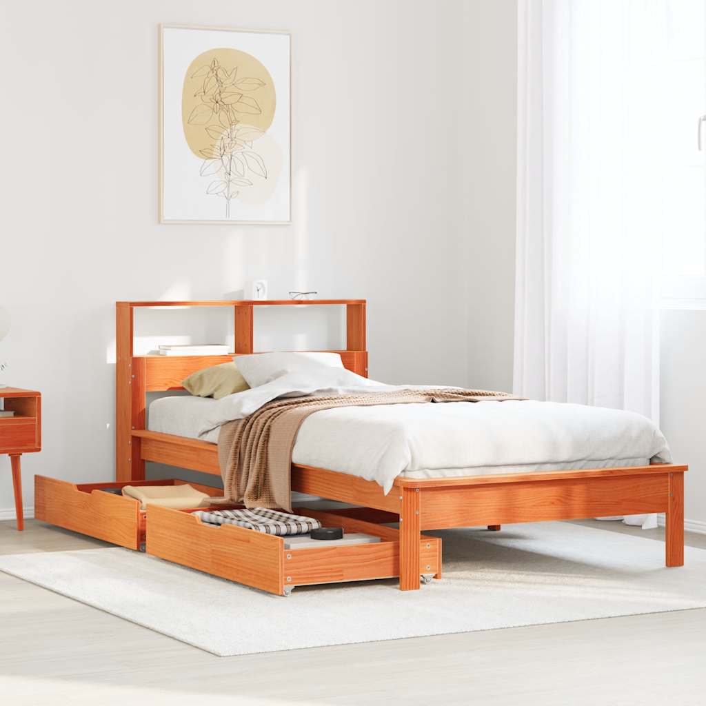 barna tömör fenyőfa könyvespolcos ágy matrac nélkül 75 x 190 cm