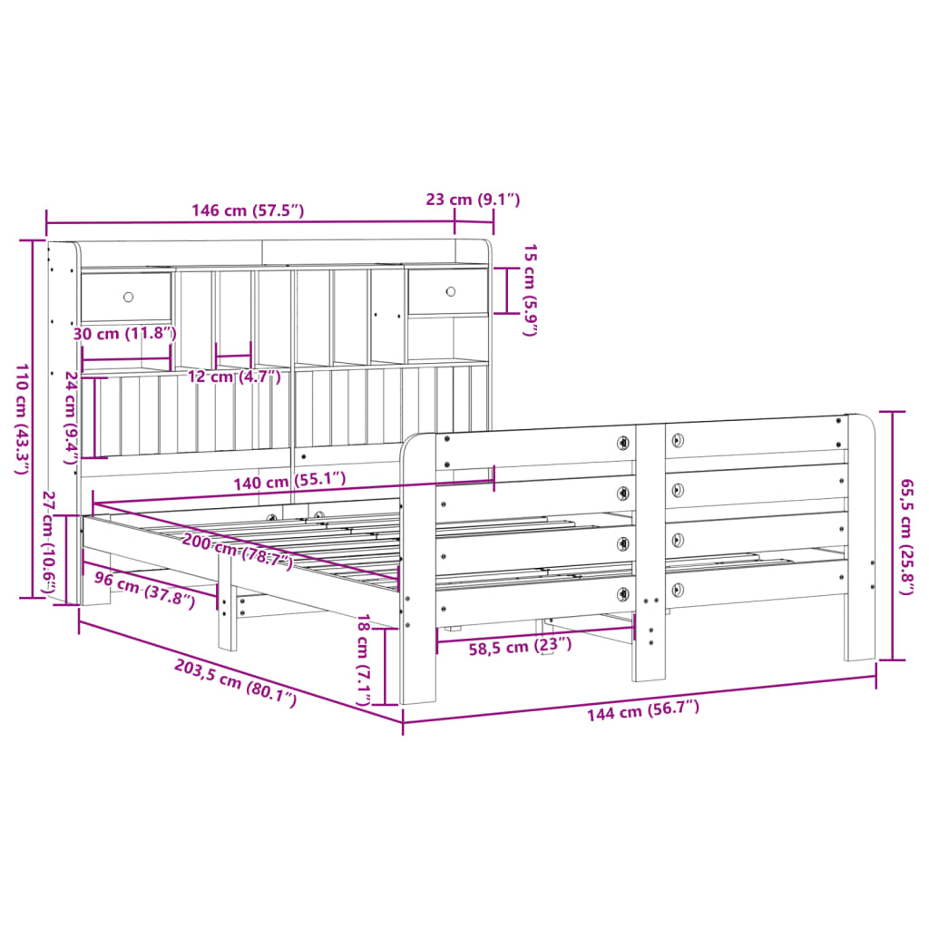 fehér tömör fenyőfa könyvespolcos ágy matrac nélkül 140x200 cm