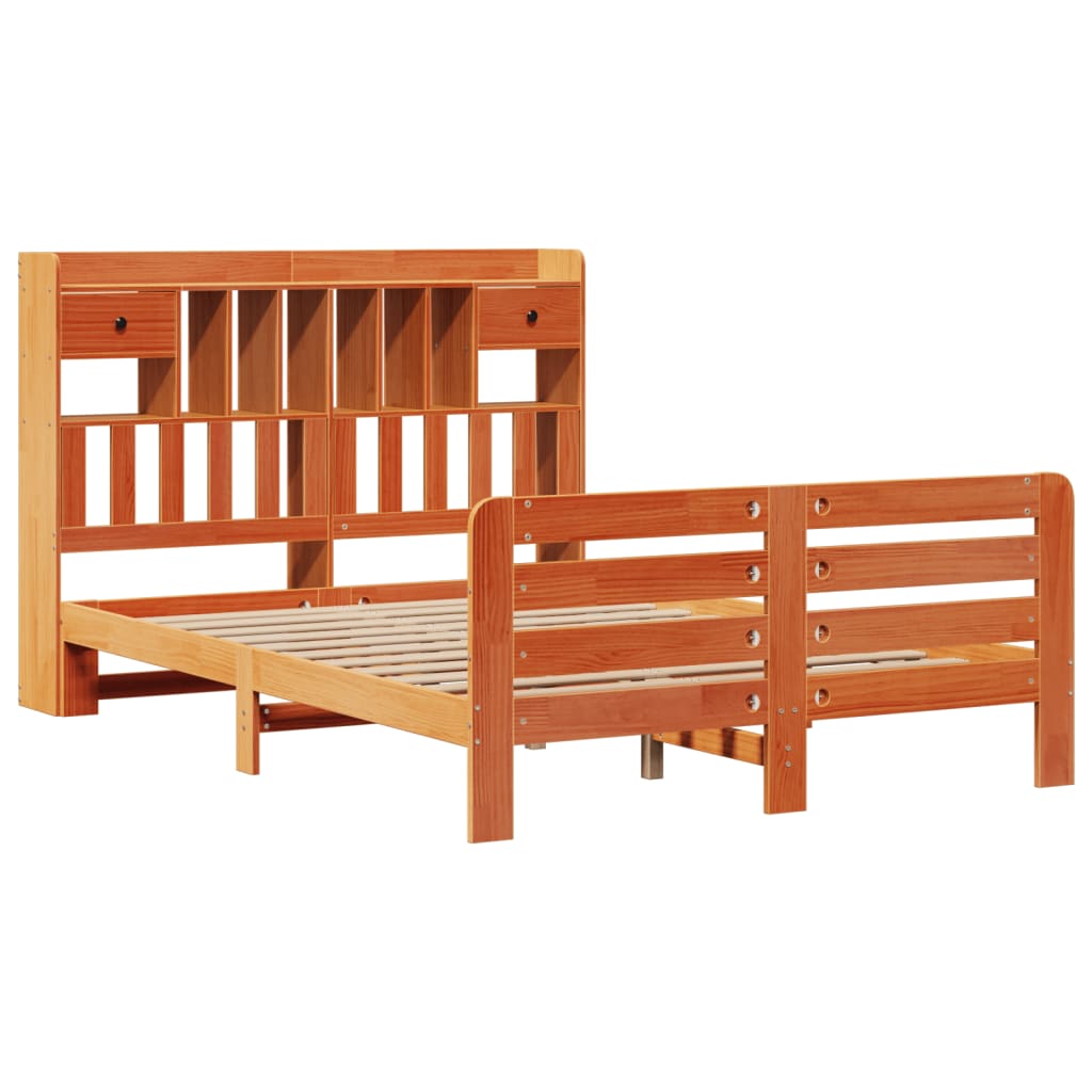 barna tömör fenyőfa könyvespolcos ágy matrac nélkül 150 x 200cm