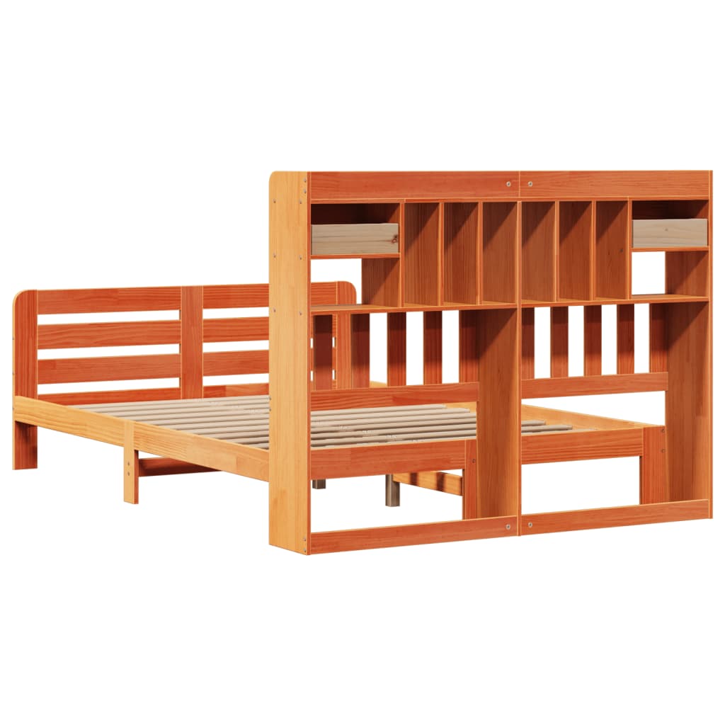 barna tömör fenyőfa könyvespolcos ágy matrac nélkül 160 x 200cm