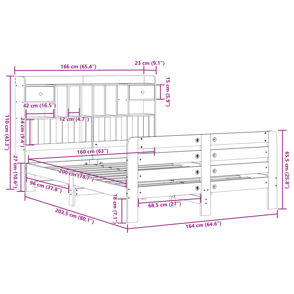 barna tömör fenyőfa könyvespolcos ágy matrac nélkül 160 x 200cm