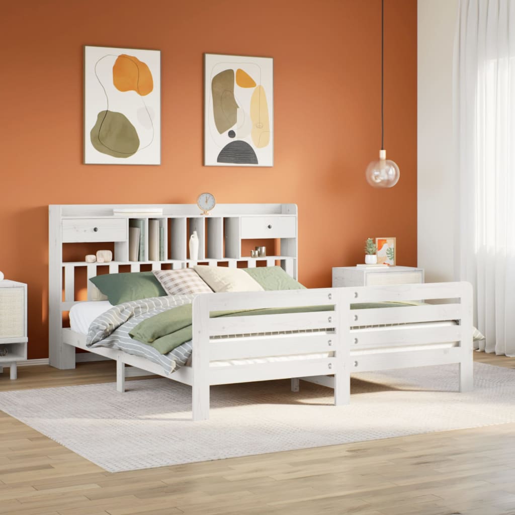 fehér tömör fenyőfa könyvespolcos ágy matrac nélkül 180x200 cm