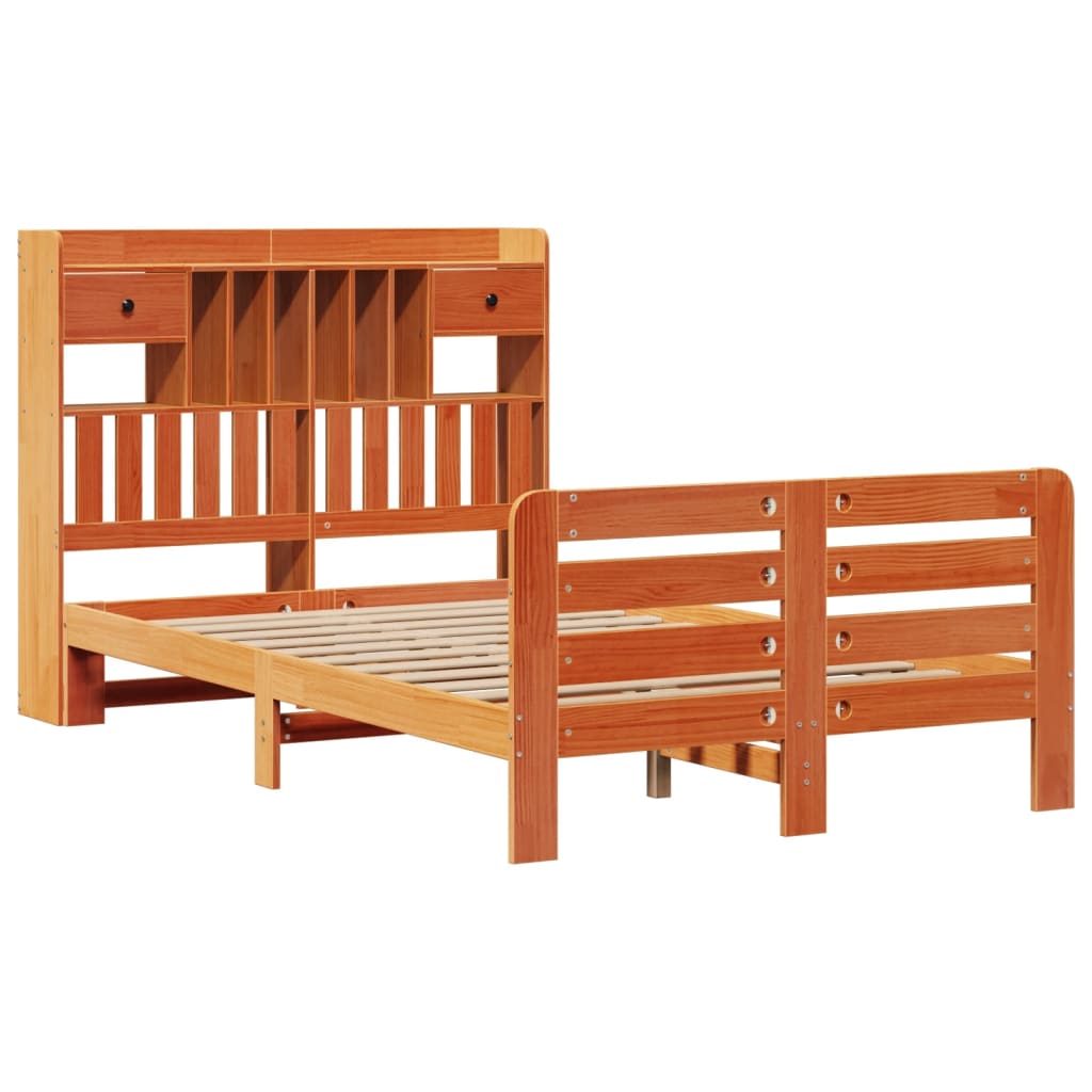 barna tömör fenyőfa könyvespolcos ágy matrac nélkül 135 x 190cm