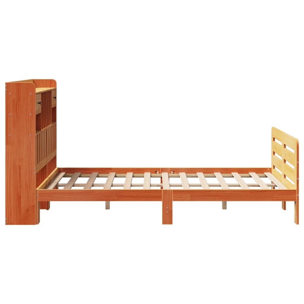 barna tömör fenyőfa könyvespolcos ágy matrac nélkül 135 x 190cm