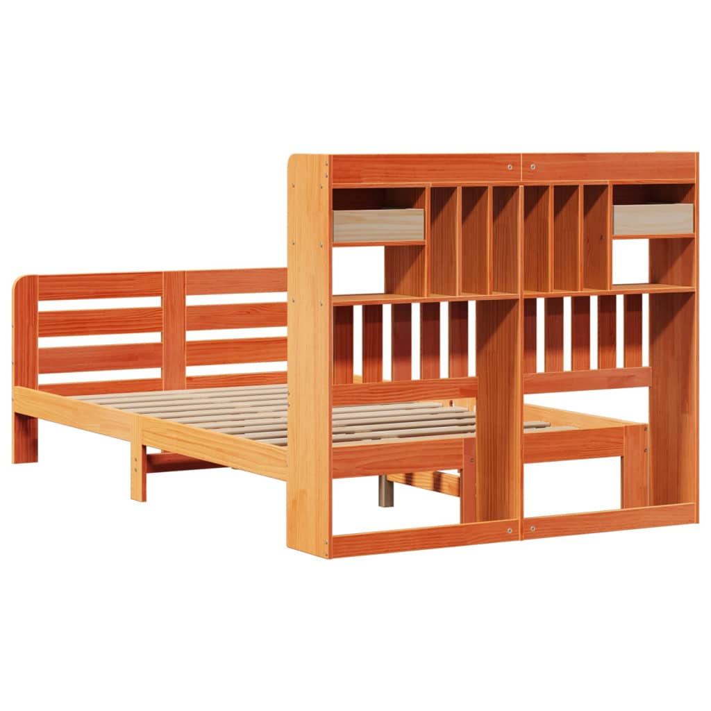 barna tömör fenyőfa könyvespolcos ágy matrac nélkül 135 x 190cm