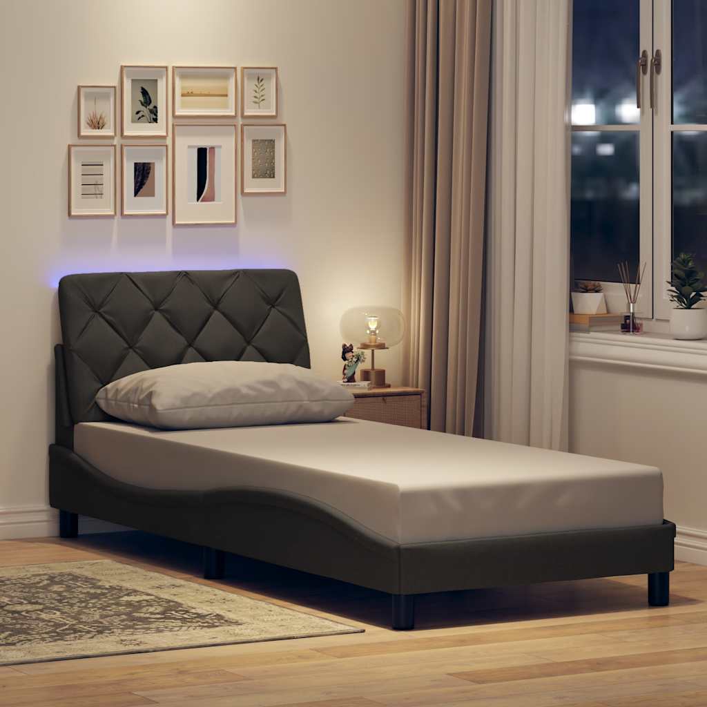sötétszürke szövet ágykeret LED-ekkel matrac nélkül 90x200 cm