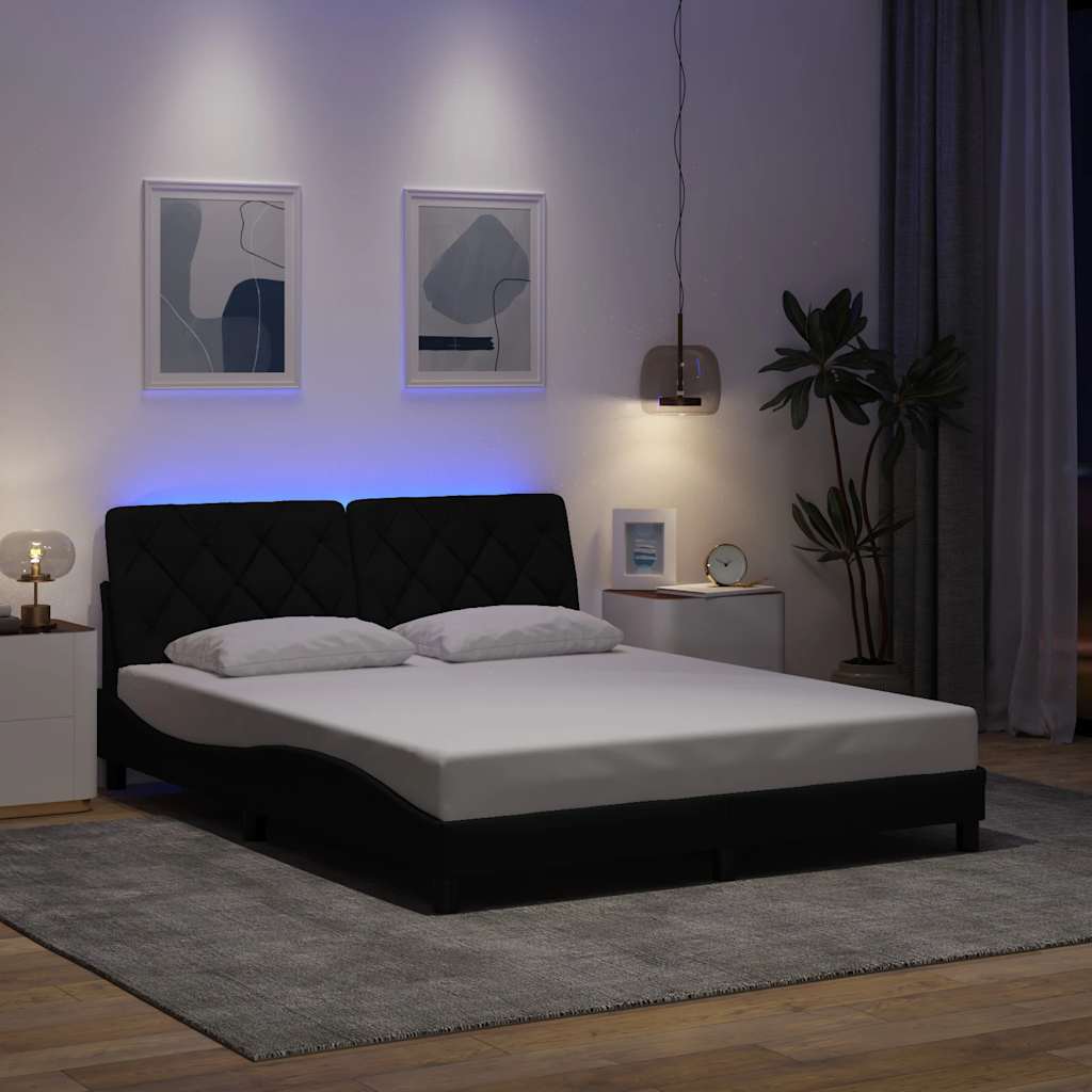fekete szövet ágykeret LED-es matrac nélkül 160 x 200 cm