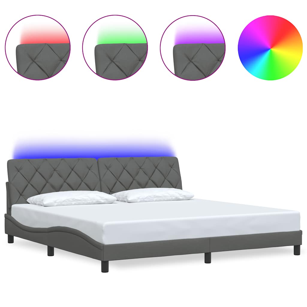 sötétszürke szövet ágykeret LED-es matrac nélkül 200 x 200 cm