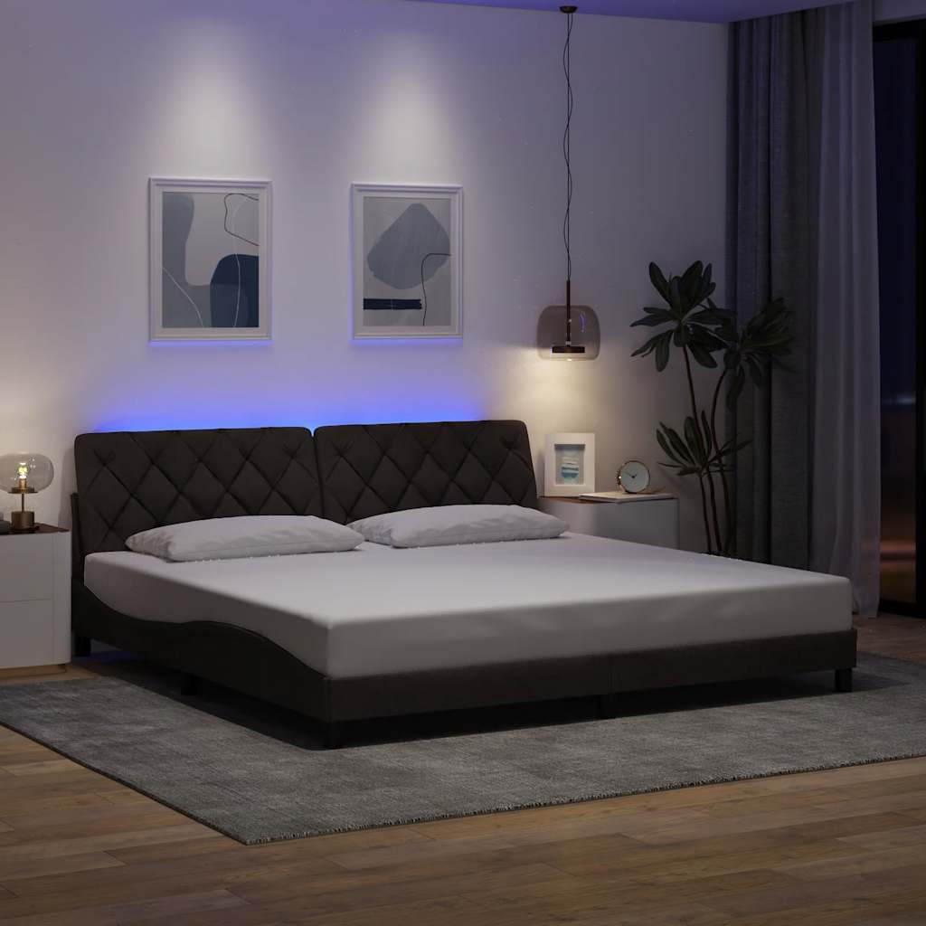 sötétbarna szövet ágykeret LED-ekkel matrac nélkül 200 x 200 cm