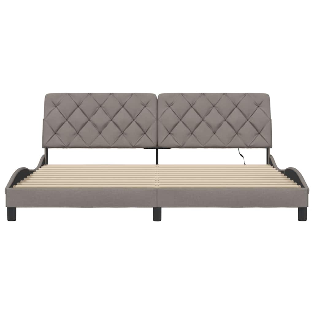 tópszínű szövet ágykeret LED-ekkel matrac nélkül 200 x 200 cm