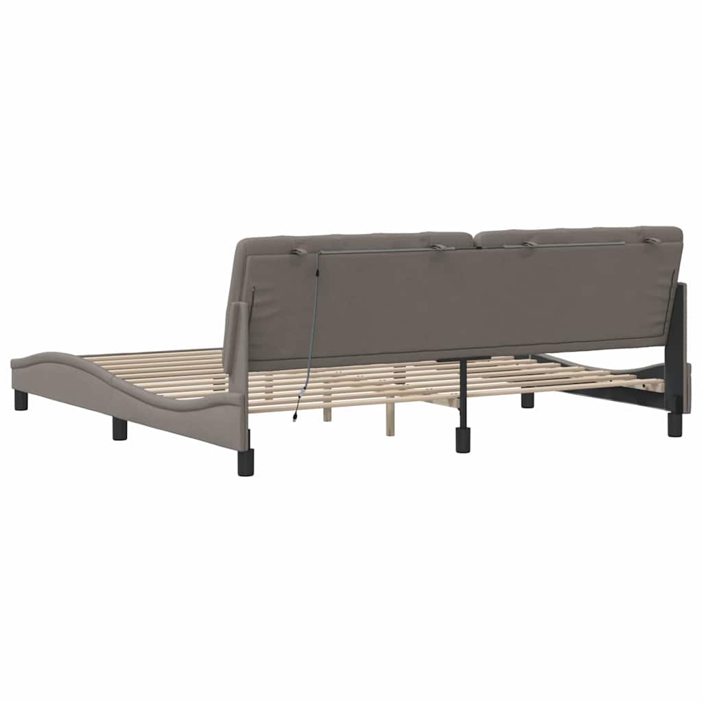 tópszínű szövet ágykeret LED-ekkel matrac nélkül 200 x 200 cm