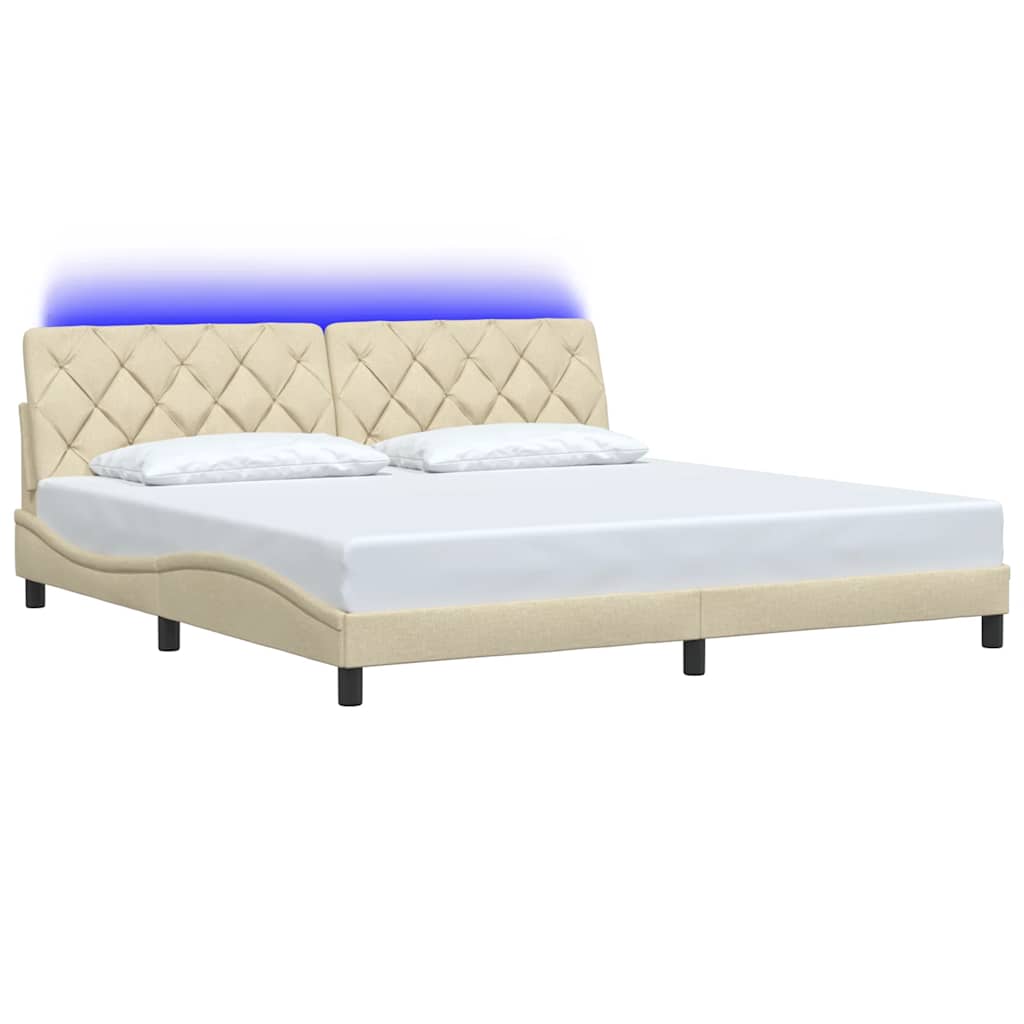 krémszínű szövet ágykeret LED-ekkel matrac nélkül 200 x 200 cm