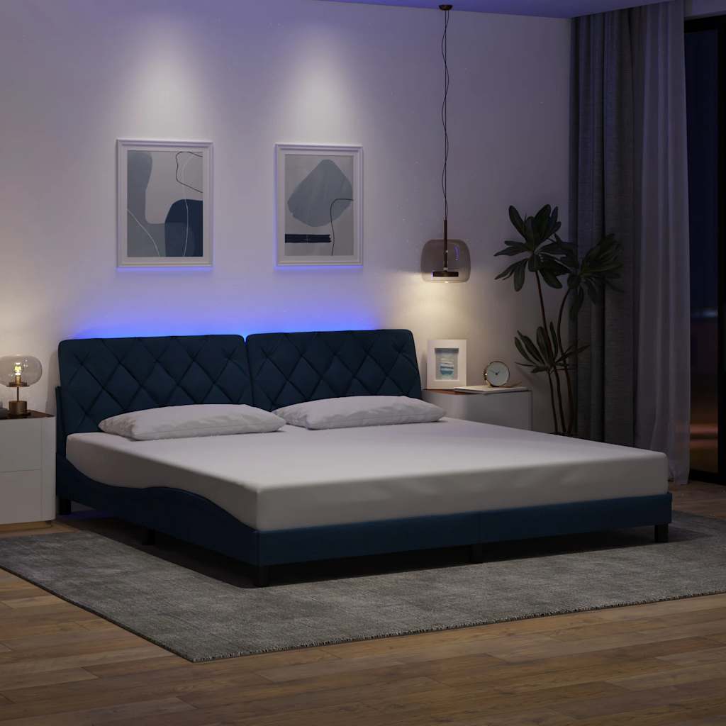 kék szövet ágykeret LED-es matrac nélkül 200 x 200 cm