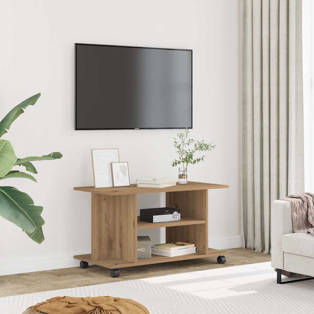 kézműves tölgyszínű szerelt fa TV-szekrény görgőkkel 80x40x45cm