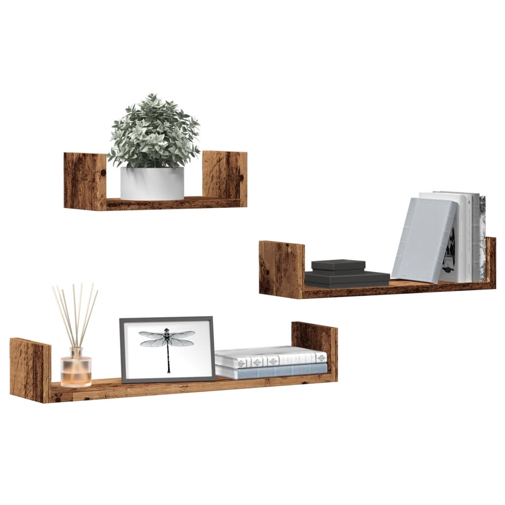 3 db antik fa színű szerelt fa fali polc