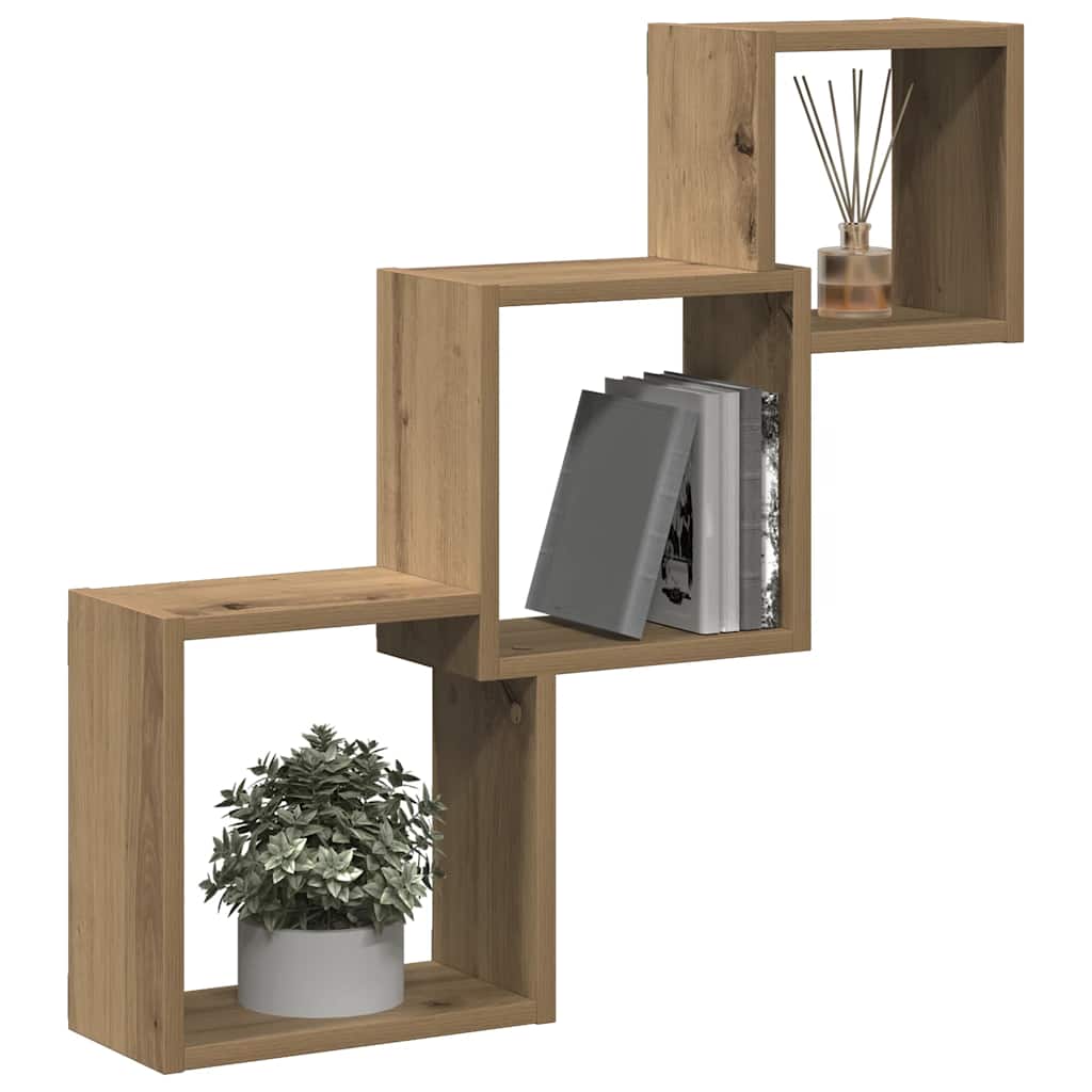 kézműves tölgy színű szerelt fa fali kocka polcok 68x15x68 cm