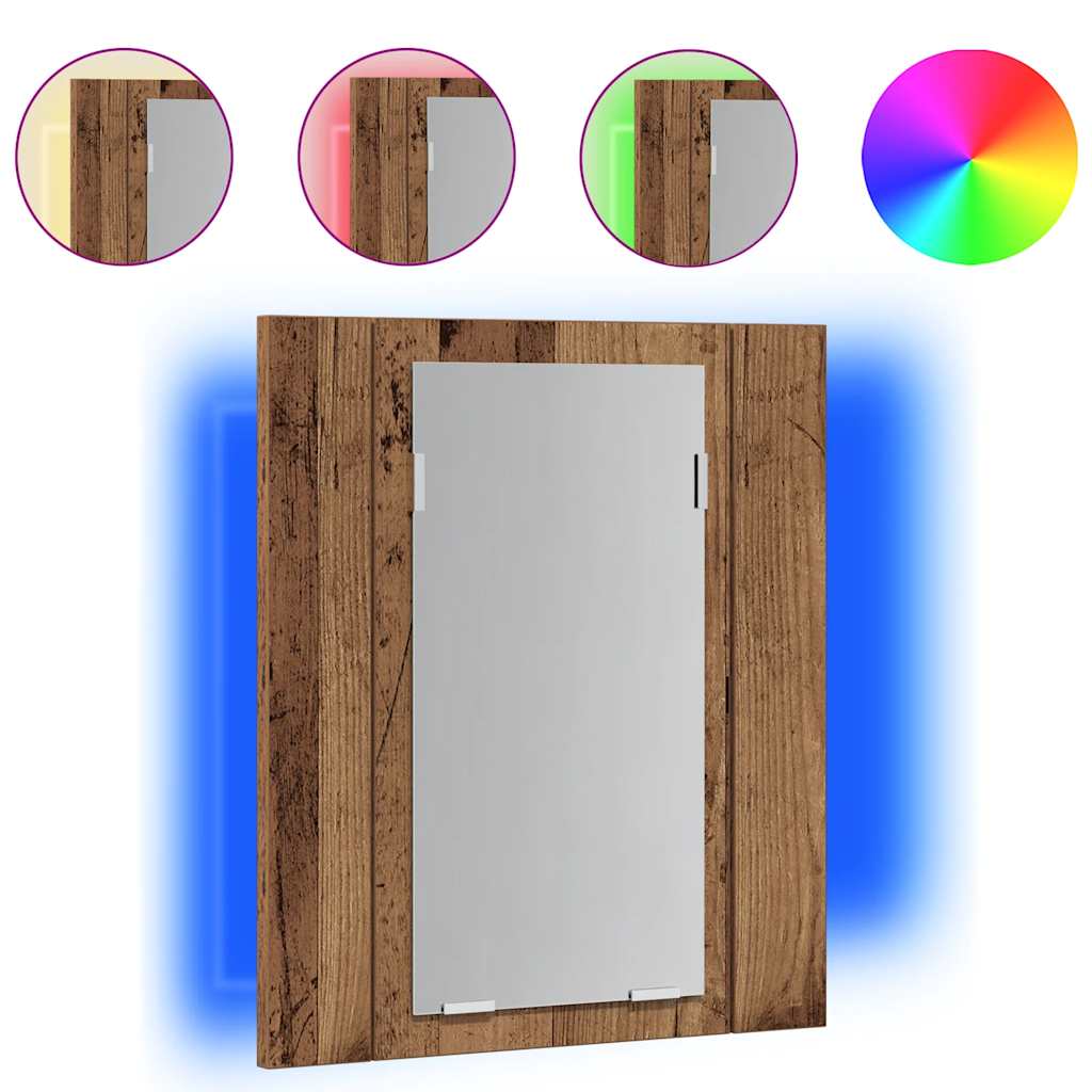 antik fa színű szerelt fa tükrös szekrény LED-del 40x12x45 cm