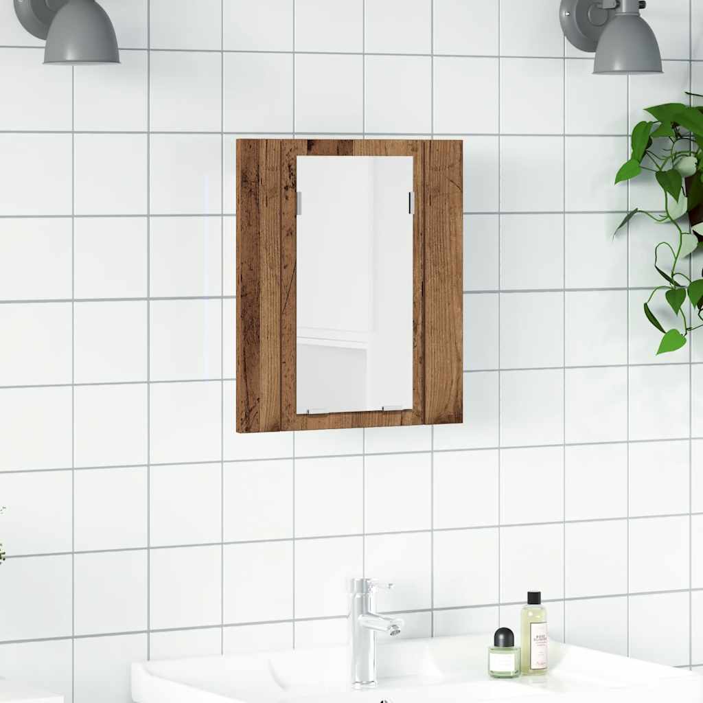 antik fa színű szerelt fa tükrös szekrény LED-del 40x12x45 cm
