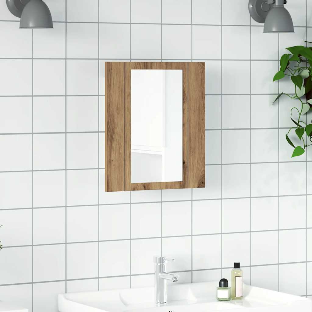 kézműves tölgy szerelt fa tükrös szekrény LED-del 40x12x45 cm