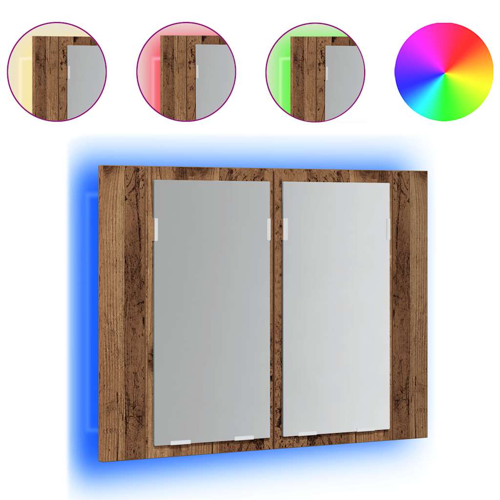 antik fa színű szerelt fa tükörszekrény LED-del 60x12x45cm