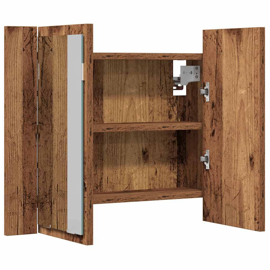 antik fa színű szerelt fa tükörszekrény LED-del 60x12x45cm