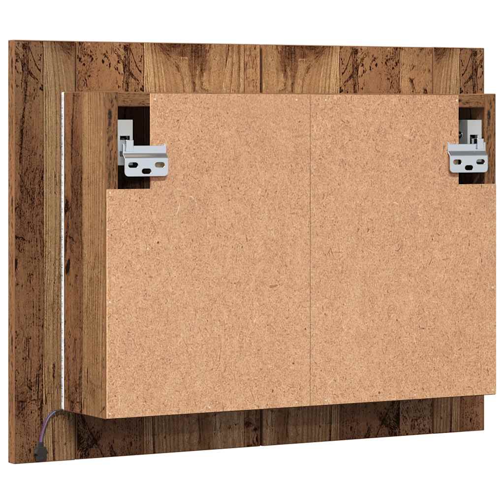 antik fa színű szerelt fa tükörszekrény LED-del 60x12x45cm
