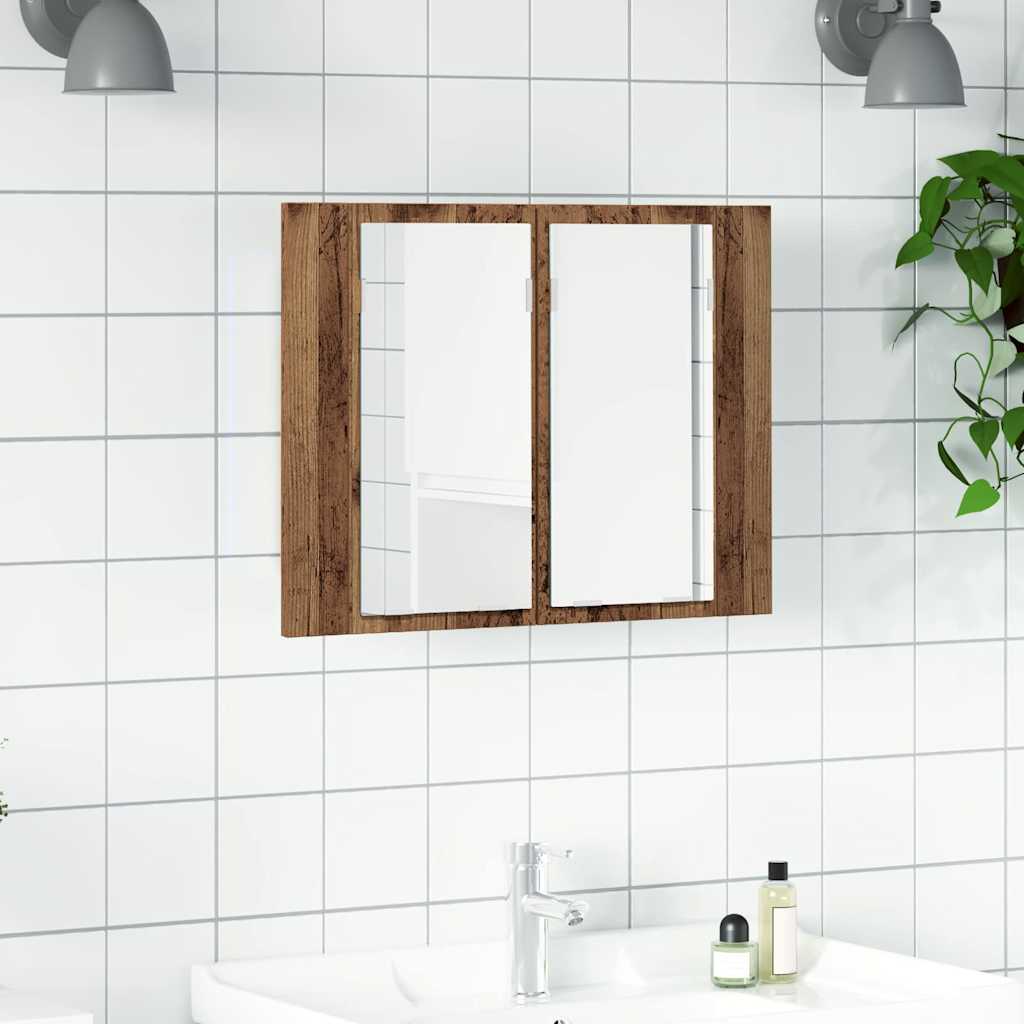 antik fa színű szerelt fa tükörszekrény LED-del 60x12x45cm