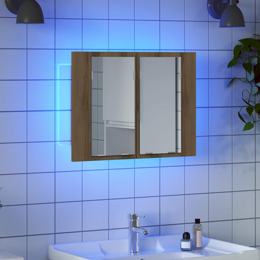 kézműves tölgyszínű szerelt fa tükörszekrény LED-del 60x12x45cm