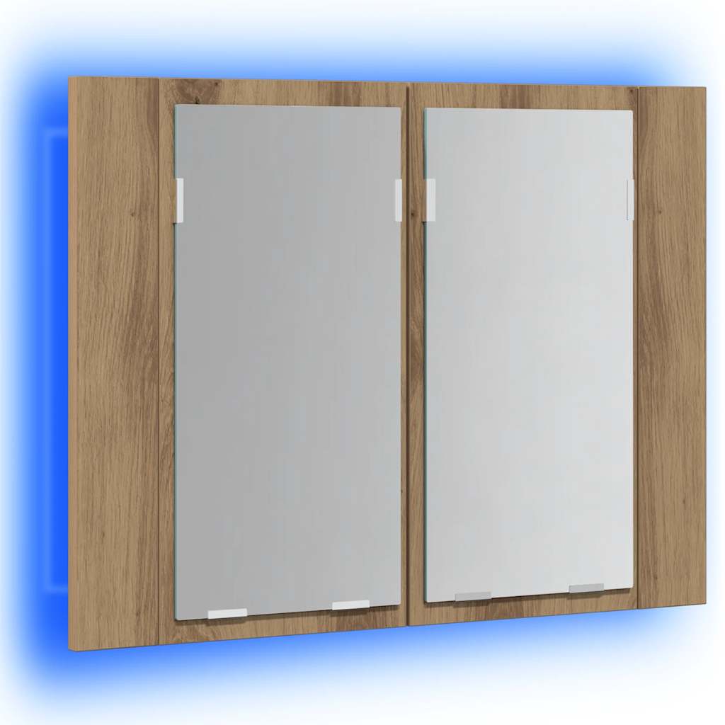 kézműves tölgyszínű szerelt fa tükörszekrény LED-del 60x12x45cm