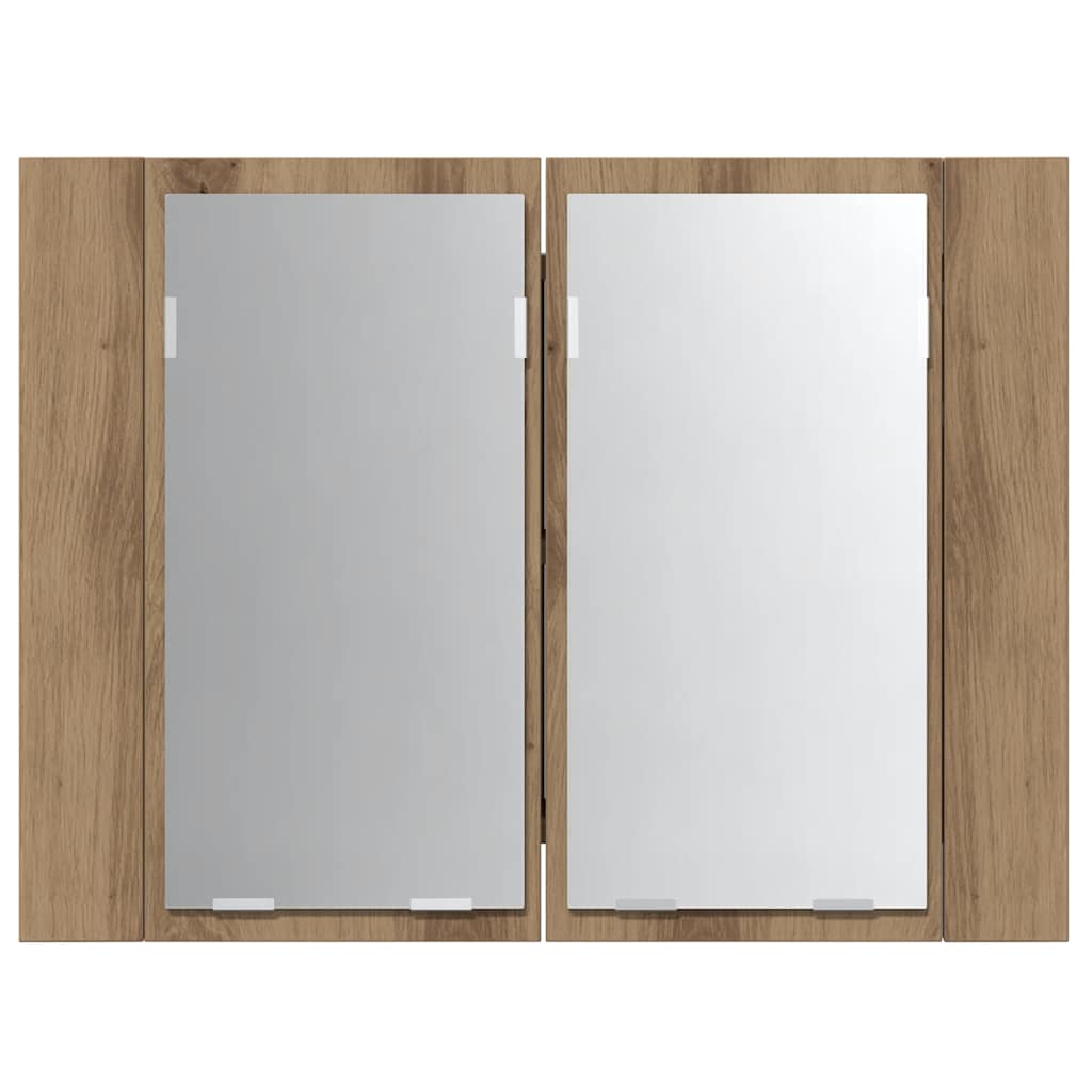 kézműves tölgyszínű szerelt fa tükörszekrény LED-del 60x12x45cm