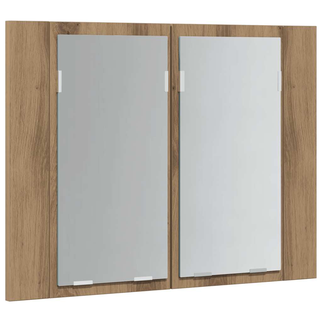 kézműves tölgyszínű szerelt fa tükörszekrény LED-del 60x12x45cm