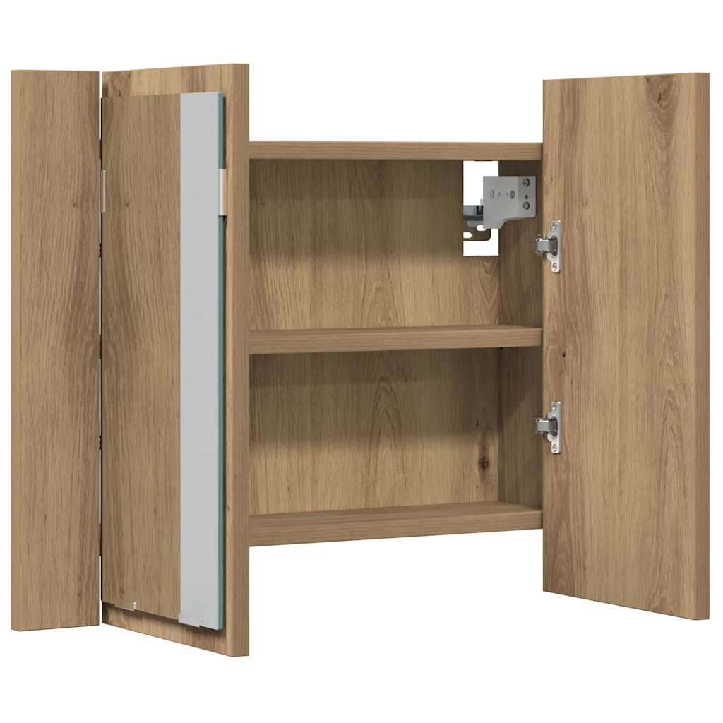 kézműves tölgyszínű szerelt fa tükörszekrény LED-del 60x12x45cm