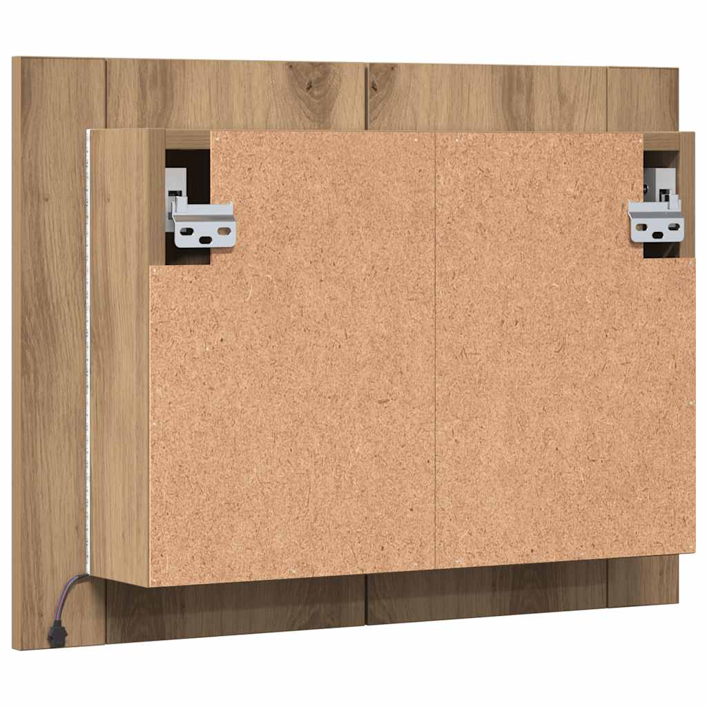 kézműves tölgyszínű szerelt fa tükörszekrény LED-del 60x12x45cm