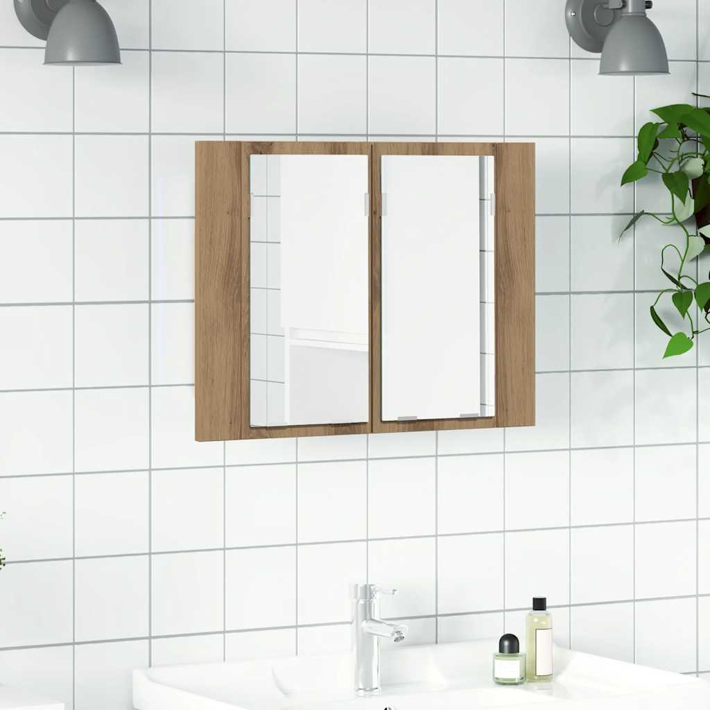 kézműves tölgyszínű szerelt fa tükörszekrény LED-del 60x12x45cm