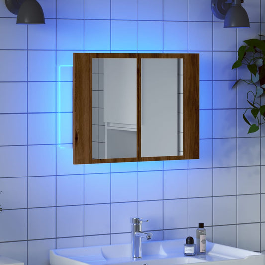 kézműves tölgyszínű szerelt fa tükörszekrény LED-del 60x12x45cm