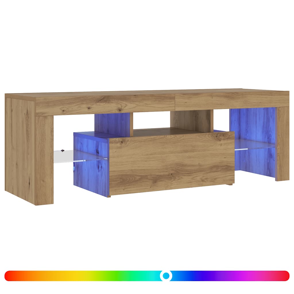 kézműves tölgy szerelt fa TV-szekrény LED-ekkel 120x36,5x40 cm