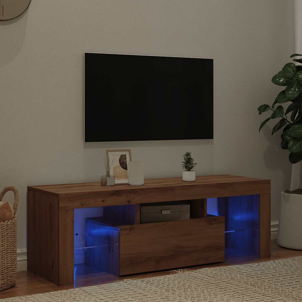 kézműves tölgy szerelt fa TV-szekrény LED-ekkel 120x36,5x40 cm