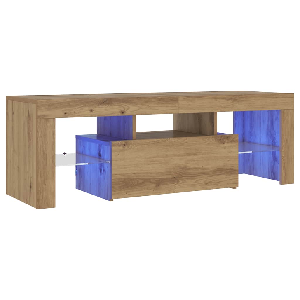 kézműves tölgy szerelt fa TV-szekrény LED-ekkel 120x36,5x40 cm