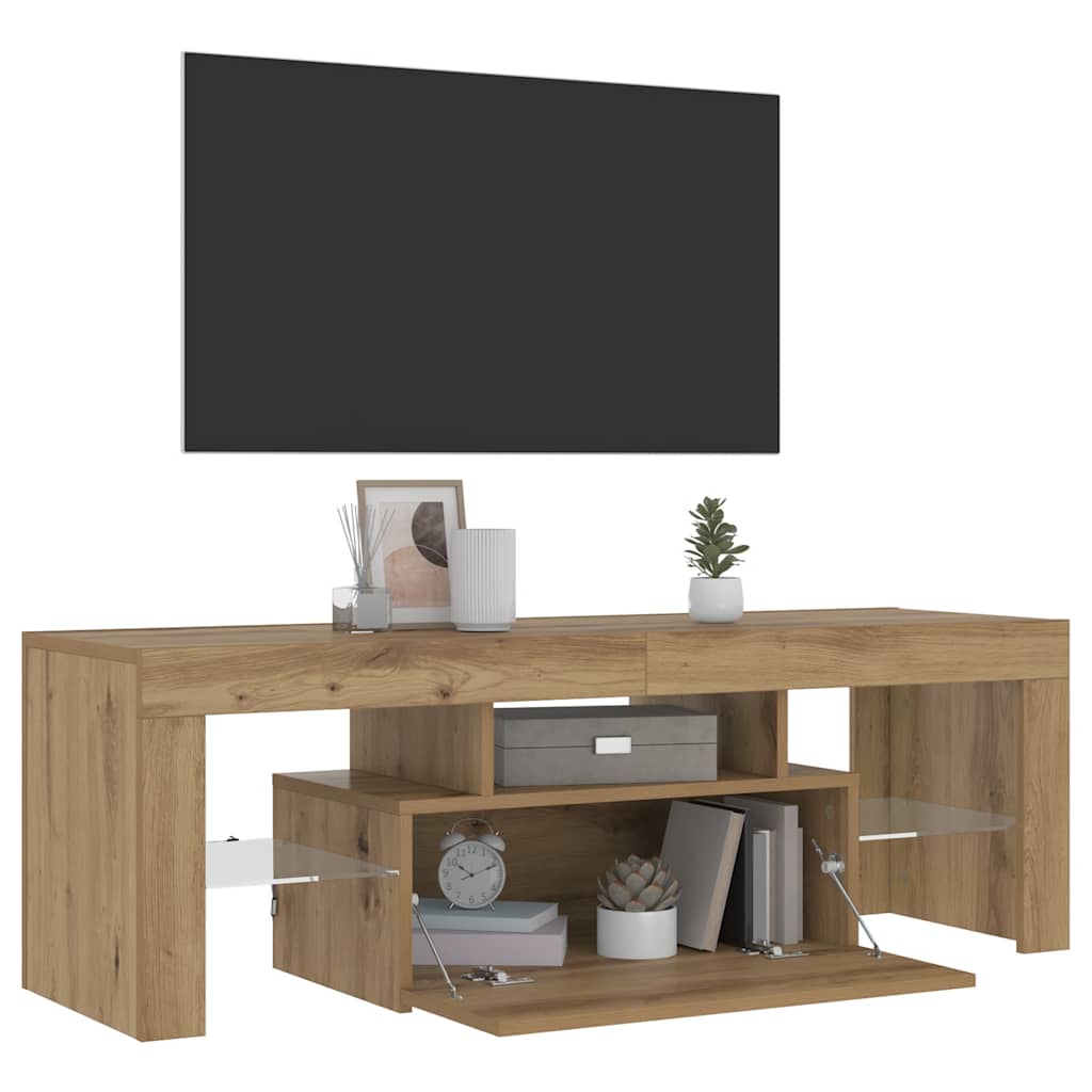 kézműves tölgy szerelt fa TV-szekrény LED-ekkel 120x36,5x40 cm