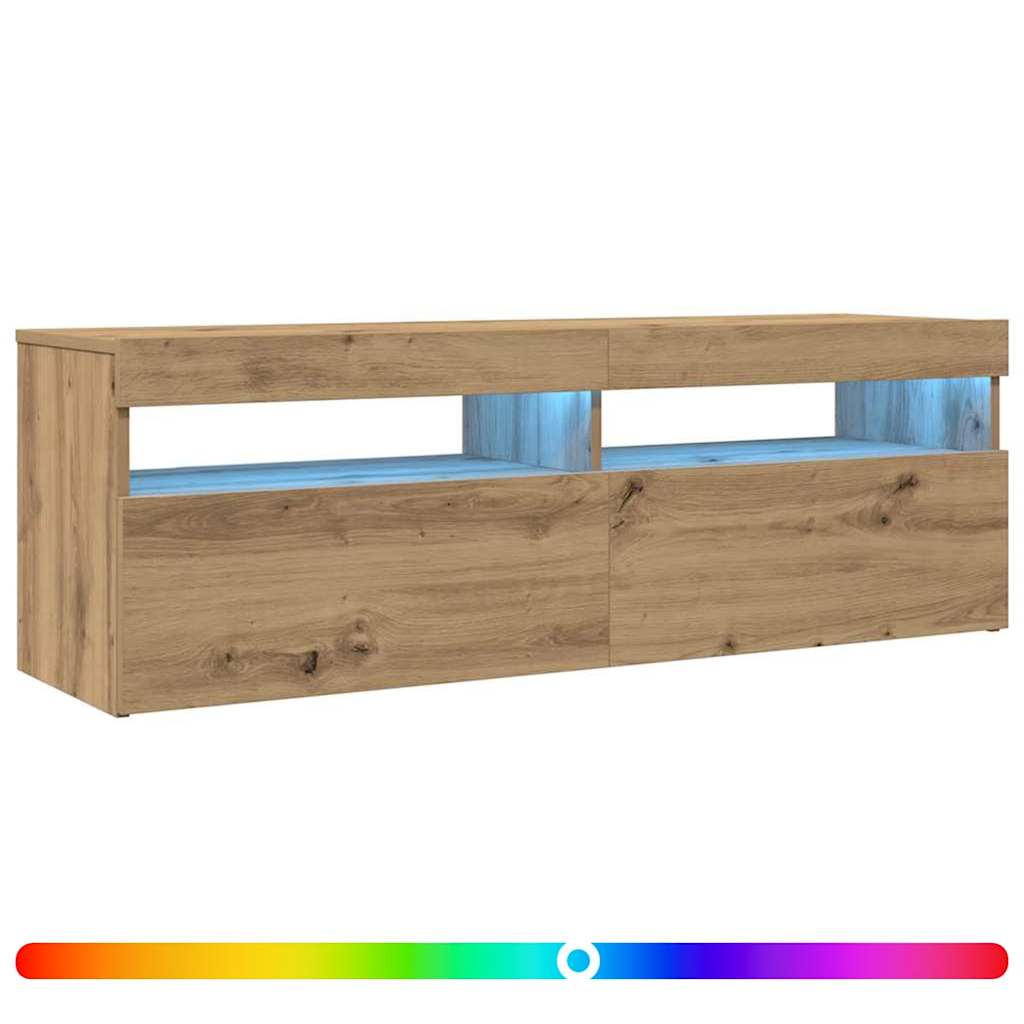 kézműves tölgy szerelt fa TV-szekrény LED-ekkel 120x35x40 cm