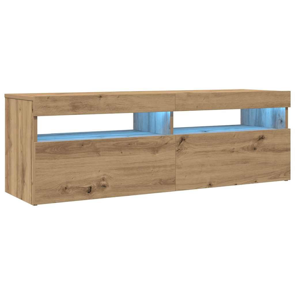kézműves tölgy szerelt fa TV-szekrény LED-ekkel 120x35x40 cm