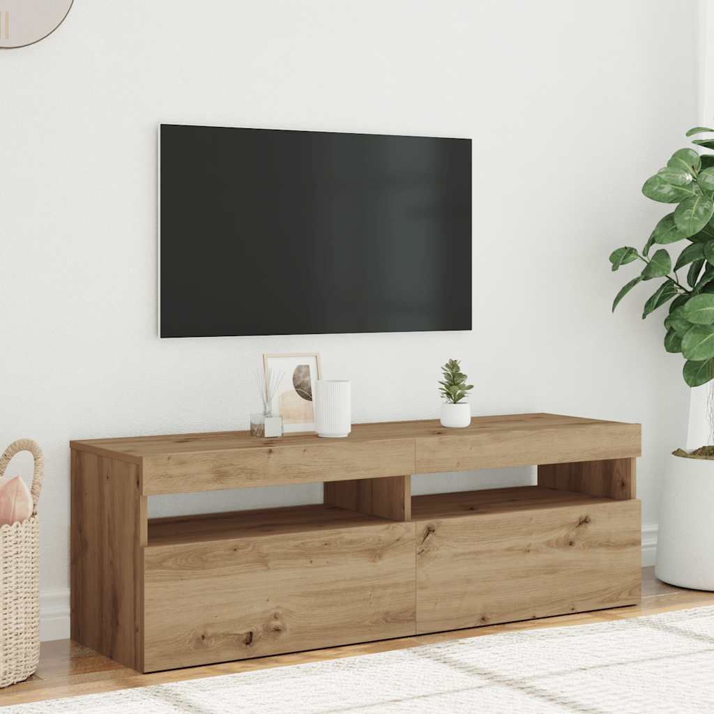 kézműves tölgy szerelt fa TV-szekrény LED-ekkel 120x35x40 cm